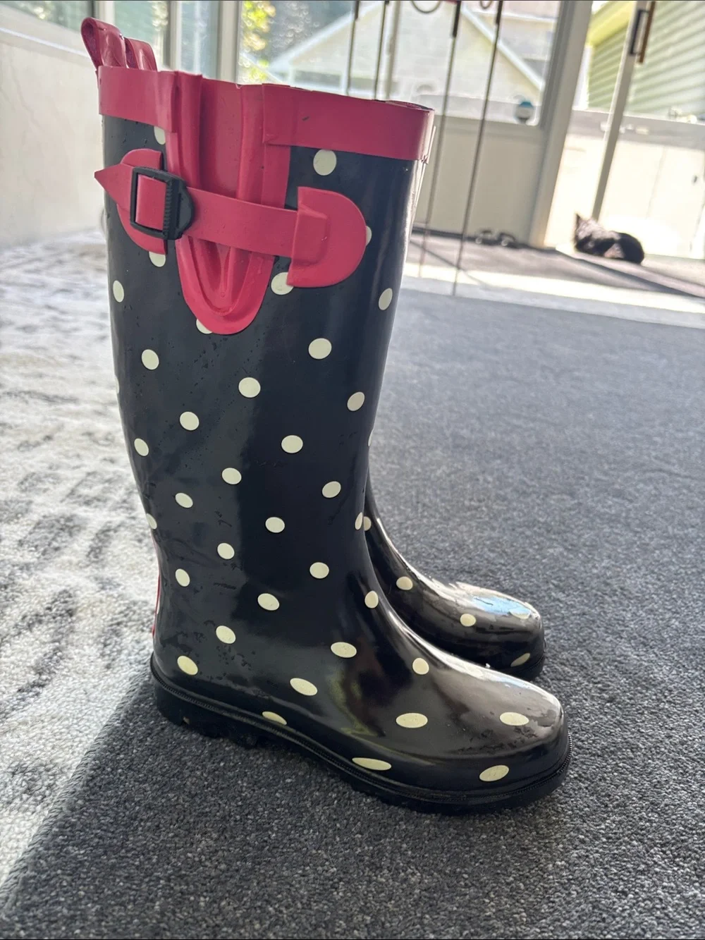 Capelli of New York Black Polka Dot Rain Boots with Pink Trim, worn once.